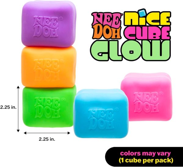 Schylling NeeDoh Nice Cube Glow - Sensory Toy with a Super Solid Squish - Glows in the Dark and Always Returns to its Square Shape - Color May Vary (1 Cube Per Pack)
