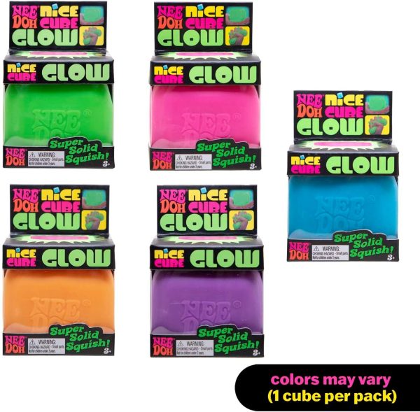 Schylling NeeDoh Nice Cube Glow - Sensory Toy with a Super Solid Squish - Glows in the Dark and Always Returns to its Square Shape - Color May Vary (1 Cube Per Pack)