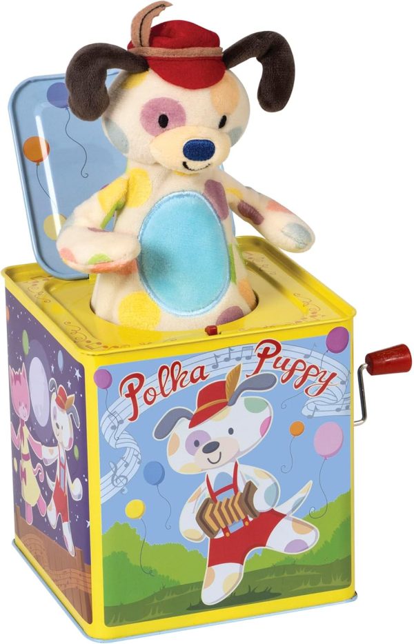 Schylling Polka Puppy Jack in the Box - Classic Children's Musical Toy that Dances - Colorful Embossed Tin Box and Lovable Puppy Plush - Age 18 months and Up